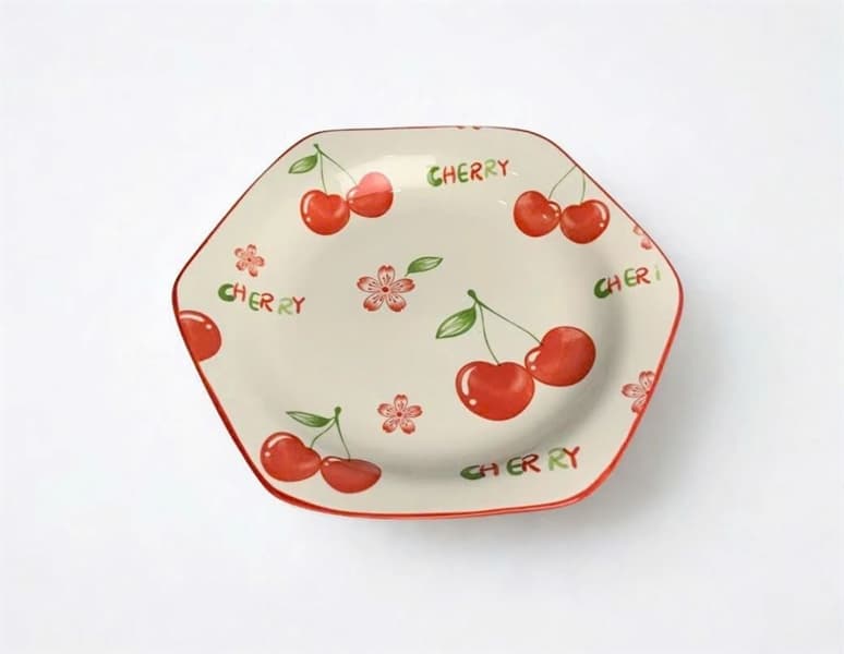Đĩa lục giác sứ trắng họa tiết trái cherry đường kính 20cm